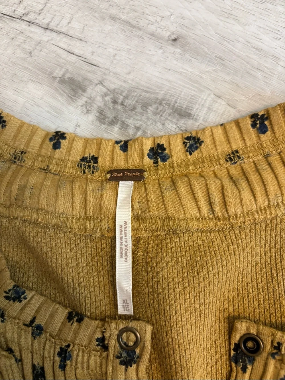 Free People Mustard Thermal Henley Top Floral Trim Oversized XL